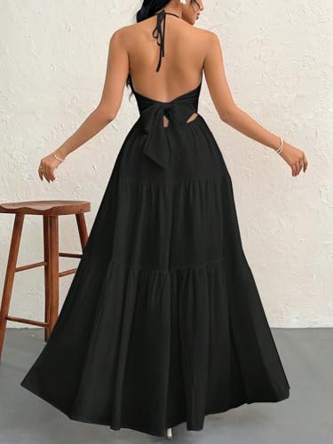 Image of Narecte Women's Maxi Summer Dresses Halter V Neck Beach Dresses for Women A-Line Casual Dress for Vacation