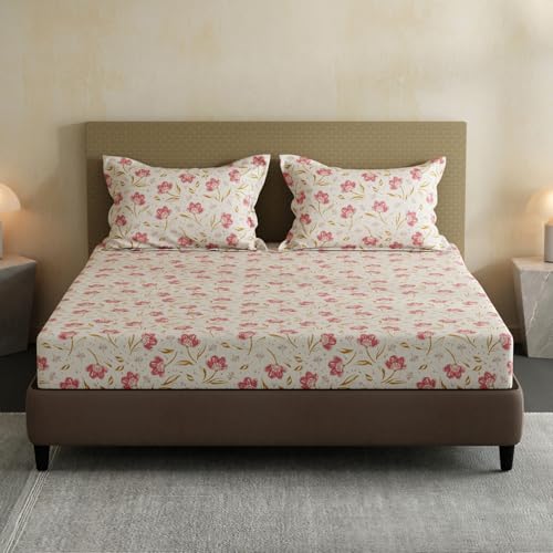Image of Layers 100% Cotton Bedsheet for Double Size Bed | Lumina Floret Collection | 144 TC Soft & Breathable | Floral Print with 2 Pillow Covers | Wrinkle Free & Colorfast | 3 Piece Bedding Set - Pink