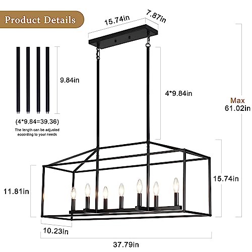 KOSTOMO Dining Room Chandelier,7 Light Kitchen Island Light Modern Farmhouse Chandeliers Contemporary Pendant Light Matte Black Finish Rectangle Modern Pendant Light Adjustable Height by KOSTOMO - Image 5
