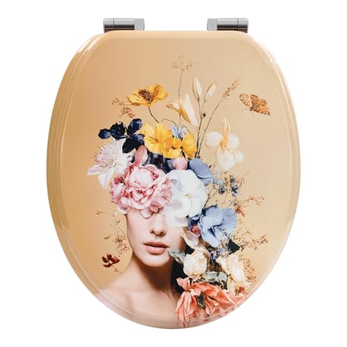 WOLTU Sedile per Water a Forma di O, Coperchio Water con Chiusura Morbida, Sgancio Rapido, Cerniere Regolabili, Copriwater Universale per Diversi Modelli di WC, con Motivo Dea dei fiori