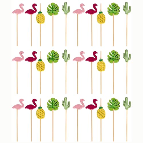 Image of 100 Pcs Cocktail Sticks,12 cm Eco-Friendly Bamboo Skewers,Bamboo Skewers with Cute Decoration,Reusable Burger Sticks,for Tropical Drinks Fruit Platters Appetizers & Party Decorations