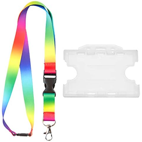 Rolseley Lanyard Neck Strap Rainbow Pattern with Metal Clip, Plastic Safety Breakaway + Clear Double-Sided Card Holder Cover