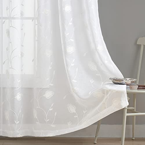 Sheer Curtains White 54 Inches Long Floral Embroidery Rod Pocket Voile Drapes for Living room, Bedroom, Window Treatments Semi Lace Outdoor Curtain Panels for Patio, Lawn, Garden, Set of 2, 52"x 54".