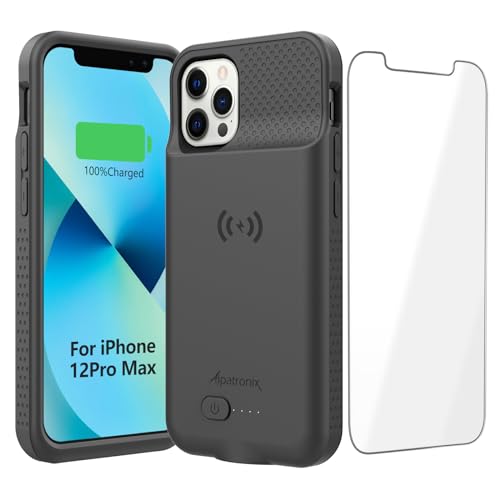 Alpatronix Battery Case for iPhone 12 Pro Max / 13 Pro Max, Slim Portable Protective Extended Charger Cover with Wireless Charging, Lightning Input, Apple Pay, CarPlay - BX12Pro Max - Matte Black