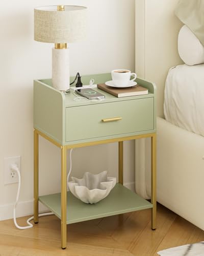 Image of Masupu Nightstand with Charging Station,3-Tier Modern Bedside Night Stand with Storage Drawer and Shelf,Small End Side Table for Bedroom,Living Room,Gold and Green