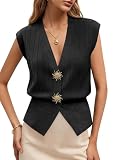 Picture of Saodimallsu Womens Sleeveless Sweater Vest V Neck Button Ribbed Knit Front Split Summer Pullover Tops Black
