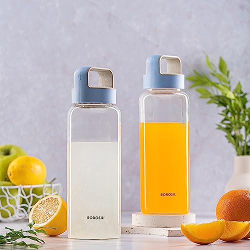 Borosil 750ml Crysto Bottle Set with Lid | Borosilicate Glass Wide Mouth Bottle for Fridge | Extreme Temperature Resistant For Hot & Cold Water, Milk, Lassi, Juice (Pack of 2, Blue Husk Lid)