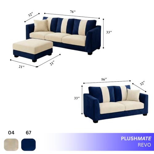 Image of Revo Plush Comfort Sofa Set | 3 Seater + 2 Seater with Ottoman | Luxury Velvet Suede Fabric | Modern Living Room Sofa | Dark Blue - Cream
