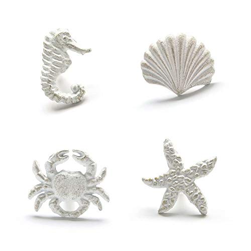 FBSHOP(TM) Boutons de meuble océan pour armoire penderie, poignées de tiroir à thème plage en fonte en détresse, hippocampe, étoile de mer, coquillage et crabe, 4 Pièces,blanc