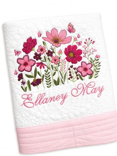 Personalized Baby Blanket, Custom Name Embroidery Quilt, Soft 100% Cotton, Heirloom Keepsake, 46x36 Inches (Light Pink Trim, Pink Floral)