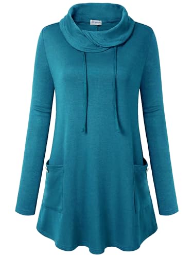 Bulotus Fall Sweaters for Women 2025 Cowl Neck Asymmetrical Long Tunics for Leggings Vacation Travel Tops with Pockets