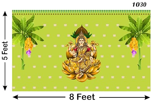 Image of Traditional Varamahalakshmi Backdrop Cloth for Festival Decoration /Varamahalakshmi Pooja /Lakshmi Devi in Golden Lotus Background Curtain Size 5Feet Height and 8Feet Width(5 * 8)