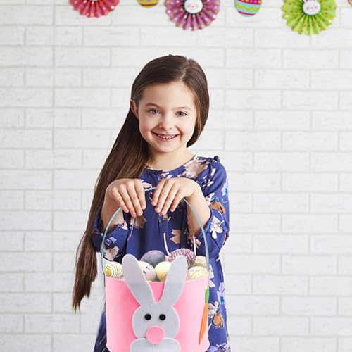 Image of Felt Easter Bunny Basket for Kids Easter Basket Canvas Tote Bunny Egg Hunt Bags,Egg Hunts and Candy Surprises(Pink)