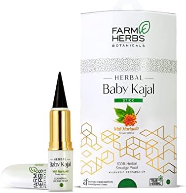 Farmherbs 100% Herbal All Natural Baby Kajal Stick - Certified Lead-free, Irritation-free, Premium Olive Wax with Pure Organic Marigold, Smudgeproof, Preservative-free, Synthetic Chemical-free, from Renowned Eyecare Institute, 100% Safe Kajal for Newborn Baby