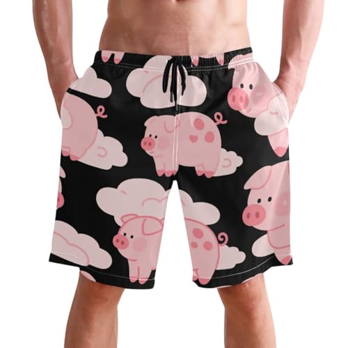 Men's Swim Trunks Quick Dry Swimming Shorts with Pocket Pink Pigs Flying Among Clouds Swimsuit Trunks