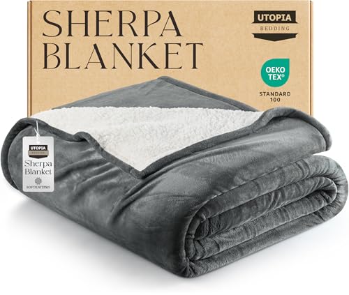 utopia bedding sherpa blanket king size (grey, 90x102 inches) - soft lightweight plush fleece reversible blanket for bed, sofa, couch, camping and travel