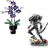 Xenomorph Action Figures & Orchid Flower Building Set, Purple Artificial Orchid in Vase and Mech Figures Model with Facehugger Chestburster, Home Desk Decor, Gifts for Movie Fans and Boys Girls