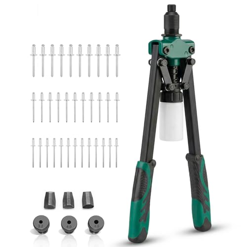 BILLION GOLD Heavy Duty Double Handle Rivet Gun Professional Riveting Tool for Metal Working & Auto Repair Handles 1/8 to 3/16 Rivets with 3 Interchangeable Nosepieces & Storage Case