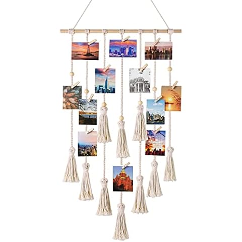 Macrame Wall Hanging Pictures Small Art Photo Woven Tapestry for Bedroom Boho Decoration with 25 Wood Clips Cover