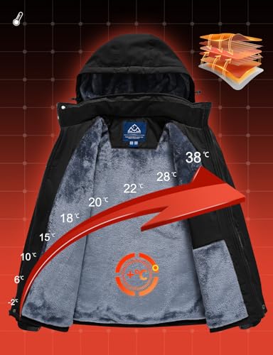 donhobo Herren Skijacke Wasserdicht Winddichte Winterjacke Warme Fleece-Futter Outdoor Übergangsjacke mit Abnehmbarer Kapuze, Schwarz, L