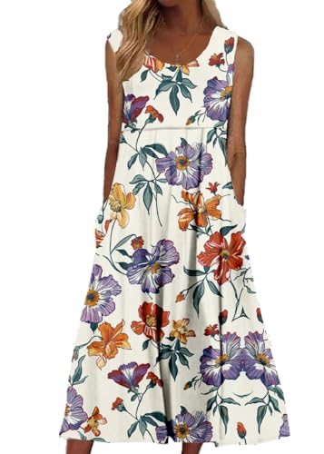 Casual Tank Dresses for Women Linen Colorful Summer Flowers Pattern Plus Size Sleeveless Crewneck Club Night A-Line Vintage Flowy Halter Plus Size Tank Dress Beach Fit Pleated Loose Sundresses F