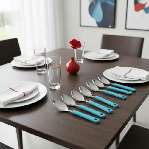 Image of Premium Stainless Steel Table Spoon Set of 6 | 15 cm Large Dinner Spoons, Mirror Finish | Flatware for Dining Table & Kitchen | Dishwasher Safe | Aqua Blue (Aqua Blue)