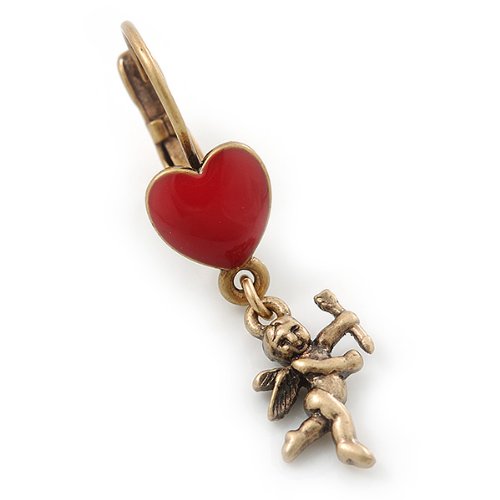 Boucles d'oreilles cœur et ange vintage en émail rouge passion - 5