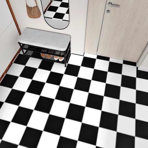 Yullpaper 12 unidades para suelo de vinilo con aspecto de azulejos de PVC, autoadhesivos, en blanco y negro, para cocina, baño, azulejos, suelos, lavables, autoadhesivos, 30 x 30 cm