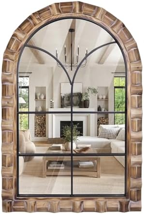 36x24 Inch Arched Window Pane Wall Mirror - Rustic Farmhouse Soli...