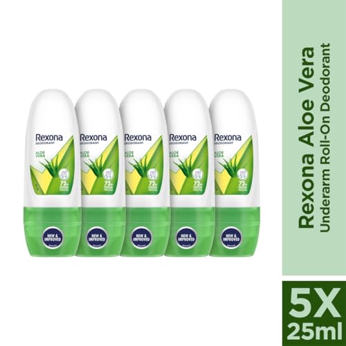 Image of Rexona Aloe Vera Underarm Roll-On Deodorant for Women | 72 Hours Long-Lasting Odour Protection | 0% Alcohol, Safe on Skin | 25ML (Pack of 5)