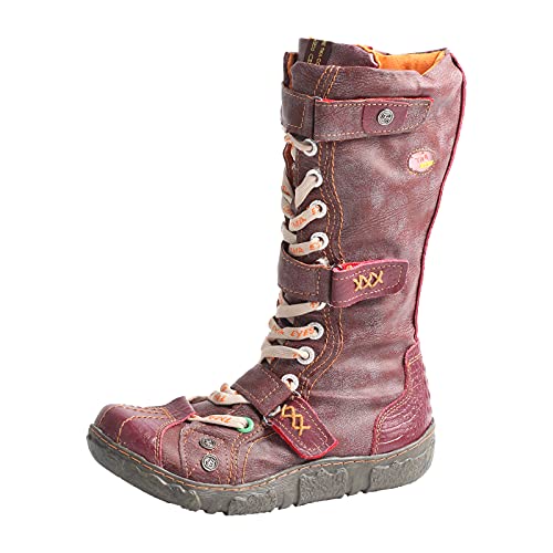 TMA EYES Bota de mujer plana de cuero de la PU lavado con acento de correa con más tamaño, rojo (Rojo), 40.5 EU