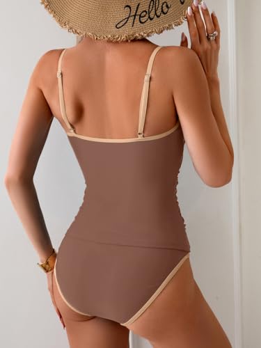 Image of Eomenie Women's Tankini Swimsuits Two Piece Tummy Control Bathing Suit Color Block Slim Swimwear with High Waisted Bottom