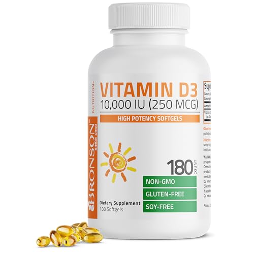 Bronson Vitamin D3 10 000 IU (250 mcg) High Potency - Supports Healthy Immune System Strong Bones Muscles & Teeth - Non GMO 180 Softgels