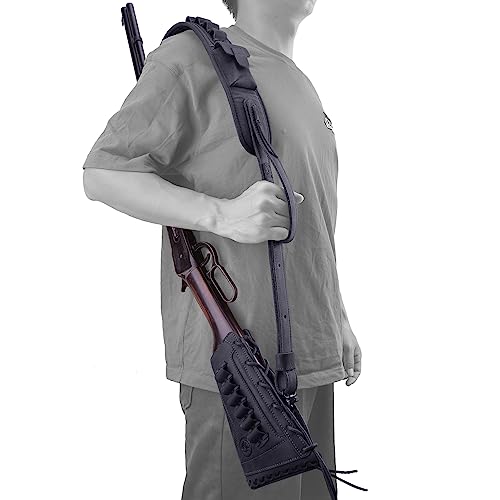 Leather Rifle Buttstock Cover with Match Gun Sling, Canvas Shotgun Recoil Pad Shell Holder with Hunting Strap (.357 .30-30 .35 .38, Righty Hand - Black)