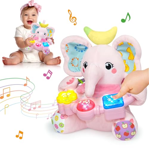 Image of Ryotagift Baby Bilingual Musical Elephant Stuffed Animals Toys,Infant Early Learning Toy with Light-Up Music & Crinkle,Tummy Time Toys for 0 3 6 9 12+ Months for Baby Boy Girl Gift,Pink