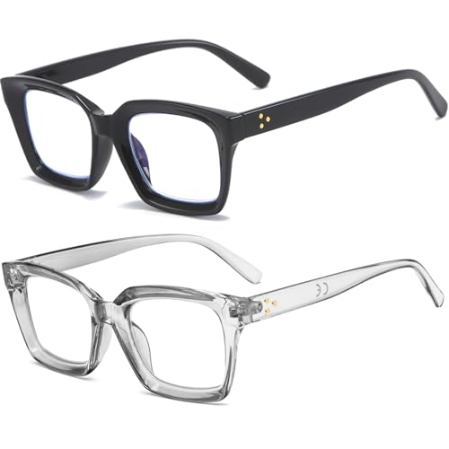 Image of REAVEE 2 Pack Oversized Reading Glasses for Women Men Blue Light Blocking, Ladies Stylish Retro Square Large Computer Readers (Black /Grey 2.0x)