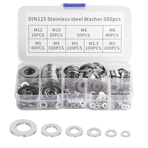 580 Stk Unterlegscheiben Set Karosseriescheiben Edelstahl Beilagscheiben Sortiment Metall Flache Unterlegscheiben für Schrauben M2 M2.5 M3 M4 M5 M6 M8 M10 M12 Unterlegscheibenset Distanzscheiben