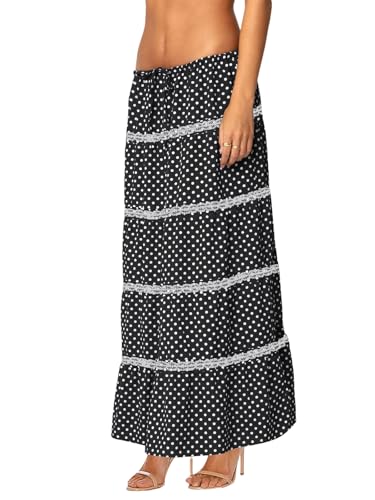 Women's Elastic High Waist Flowy Long Maxi Skirt Lace Crochet Summer Print Pleated Tiered Skirts3
