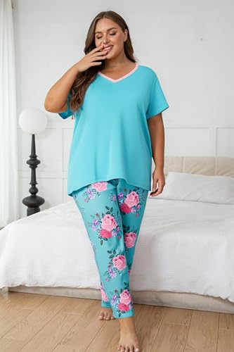 Image of Vozanet Women's Pajama Sets Short Sleeve with Long Pant Soft Sleepwear Printed pj Loungewear With TWO Pockets Size 1X to 5X