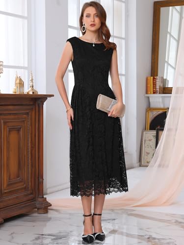 Womens' Wedding Guest Lace Dress 2025 Boat Neck Vintage Formal Evening Cocktail Midi Dresses3