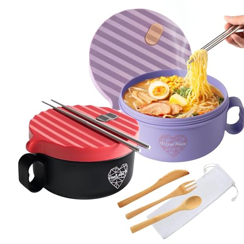 Ramen Bowl Set of 2, Microwave 40oz Cooker, Holiday Dorm Gift, Purple & Red