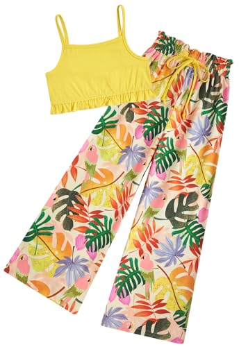 Taubow Girls Tropical Outfits Hawaiian Beach Cute 2 Piece Clothes Yellow Cami Wide Leg Pants Set Size 10-11