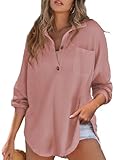 Astylish Women Casual Soft V Neck Waffle Knit Button Henley Tops Flattering Long Sleeve Pullover Blouse Dusty Pink Medium