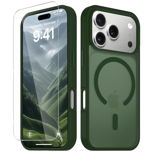 Image of YENAPOON for iPhone 17 Pro Case, Matte Magnetic Phone Cover [with 1 Screen Protector] [Support for MagSafe] [Shockproof Military Grade Protection] Translucent Frosted Back, Sage Green