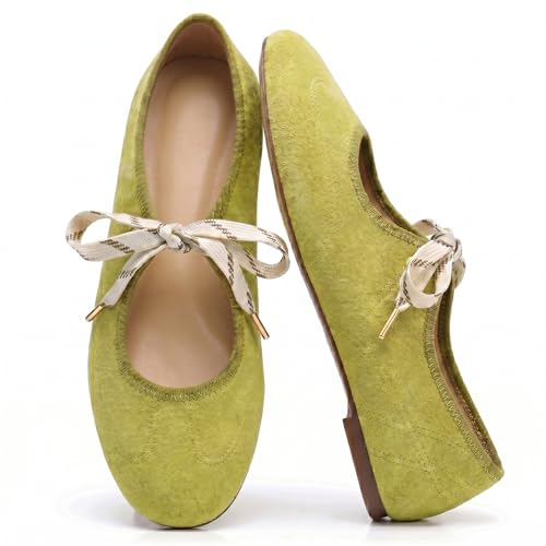 Yellhum Lace up Sneakerinas Ballet Flats for Women Round Toe Sky Blue Mary Jane Flats Casual Suede Ballerina Shoes