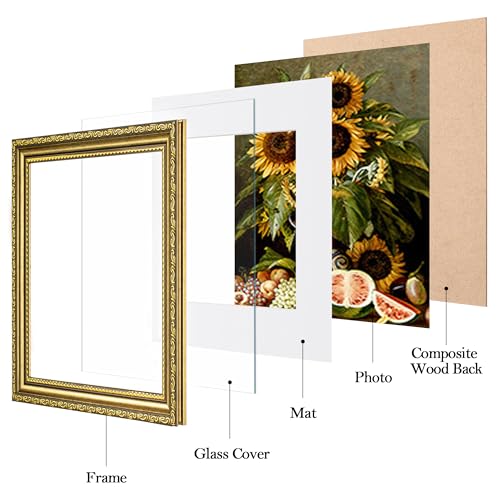 Image of eletecpro 8x8 Vintage Picture Frame, Glass Cover, Gold, 2-Pack | Display Photo 4x4 with Mat or 8x8 without, Tabletop or Wall Decor