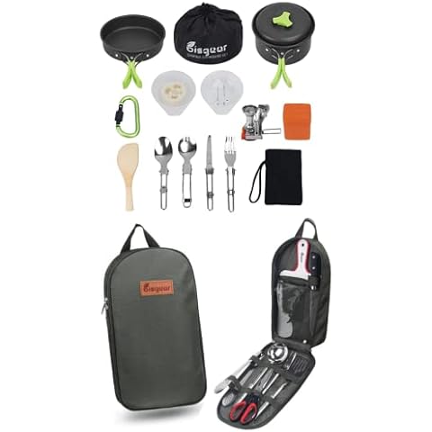 Bisgear 16 Pcs Camping Cookware Stove Carabiner Folding Spork Set + Backpacking Camping Cookware Camp Kitchen Utensil BBQ Organizer Travel Mess Kit Cover