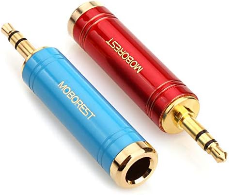 MOBOREST 3.5mm to 1/4" (6.35mm) Headphone Adapter, Pure Copper, 1Blue+1Red | 1/8 to 1/4 Aux Converter, Solid Brass 6.35mm Headset Adapter for Guitar Amp, Mixer, Studio, Home Theater & Live Stage Use