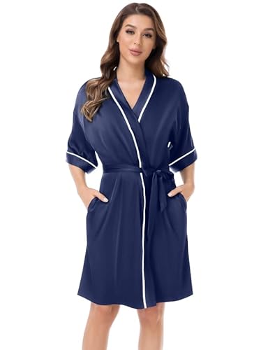 COLORFULLEAF Seiden-Bademäntel für Damen, Satin-Bademantel, Kleid, Damen, Haus, Nachtwäsche, Hochzeit, Weihnachtsgeschenk, angenähter Gürtel, Marineblau, Small Cover