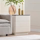 JXQTLINGMU 22' Modern Nightstand with Charging Station, Large Push-to-Open End Table, Wood Bedside Table w/Curved Profile Design, Handleless 3 Drawer Night Stand for Bedroom, Living Room, 70-Off-White